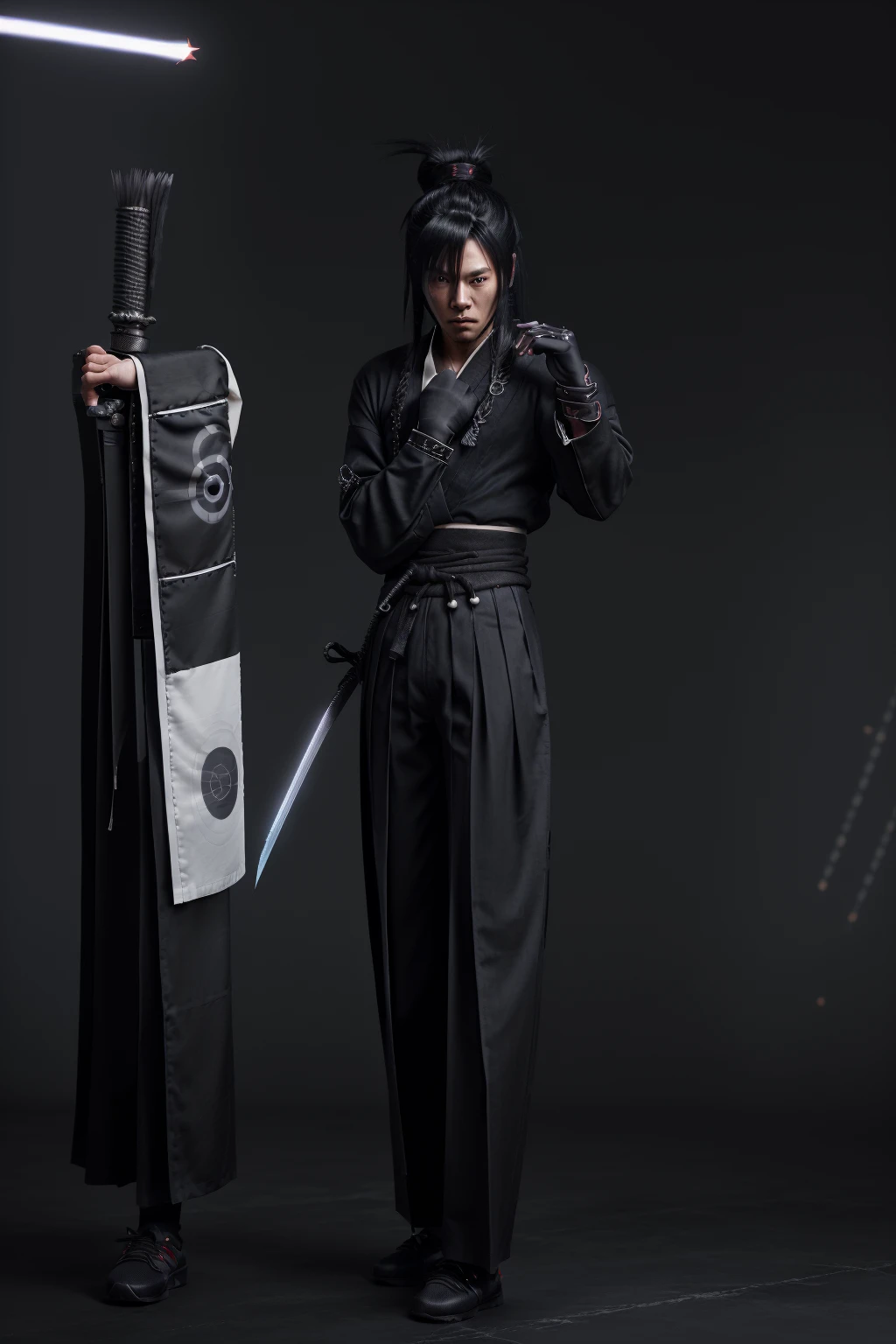 (clothes, pants and shoes like a futuristic samurai), mature male, /(long black hair tied up/) bangs, (black hakama), (blade shimmering), cyberpunk style background, 8k