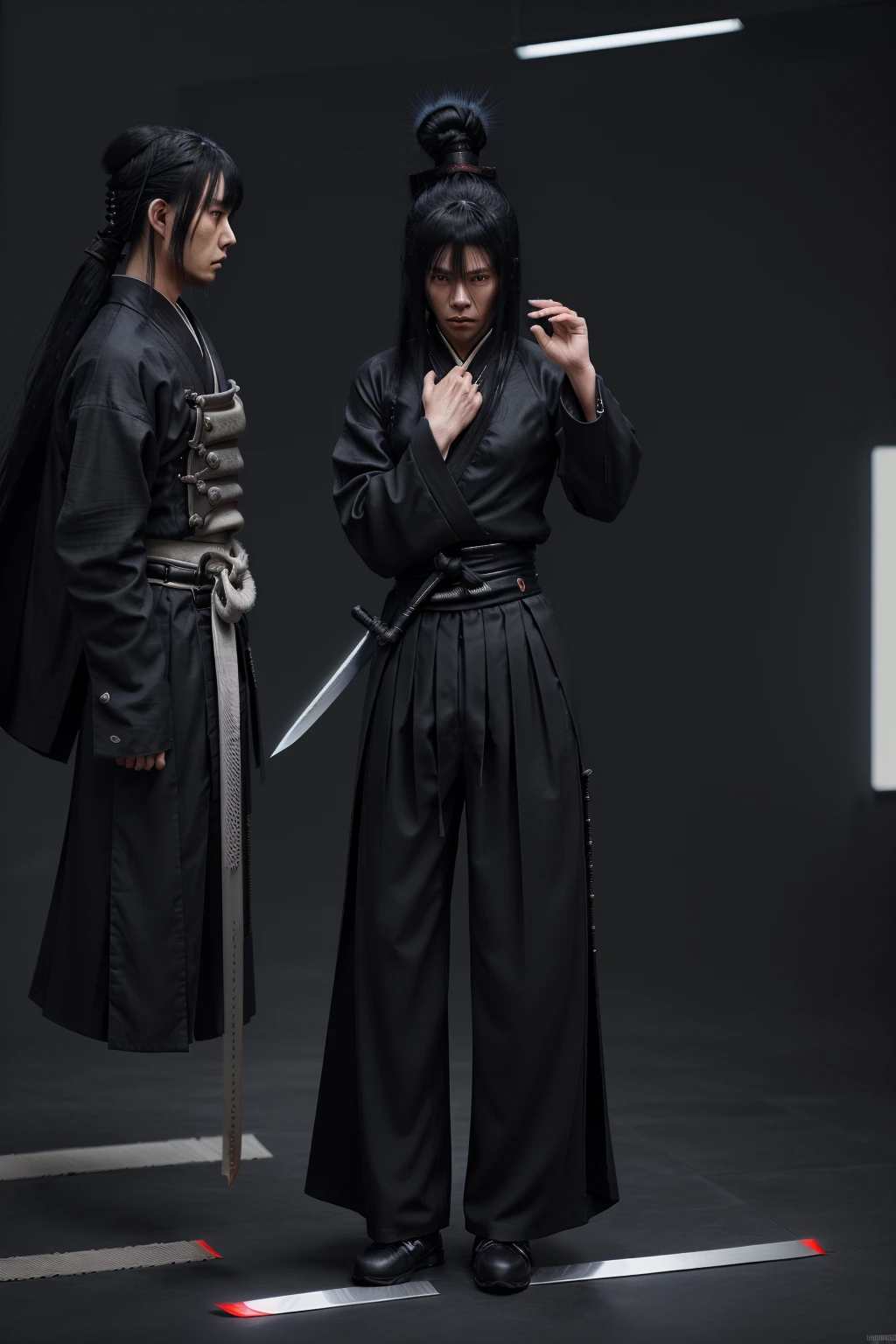 (clothes, pants and shoes like a futuristic samurai), mature male, /(long black hair tied up/) bangs, (black hakama), (blade shimmering), cyberpunk style background, 8k