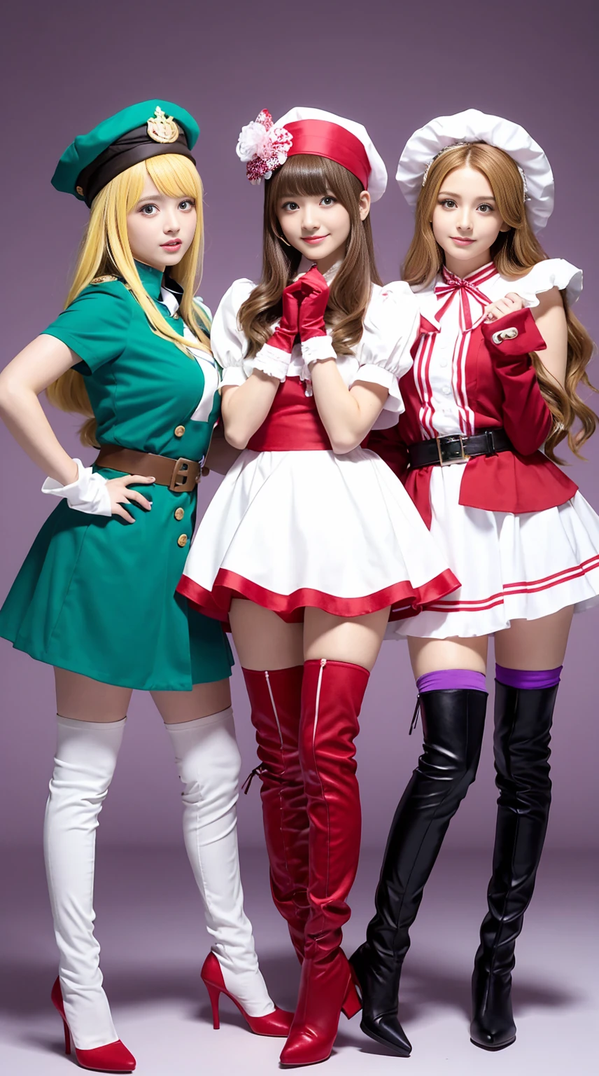 Three young women in detailed anime-style cosplay outfits. The woman on the left wears a green hat and coat with red and brown accents, short black shorts, and green thigh-high boots. The woman in the middle has short purple hair with yellow hair accessories, a white and purple top with a high collar, long red gloves, and red and white pants. The woman on the right has long blonde hair with a blue headband featuring red and white stripes, and a blue and white maid outfit with a pink ribbon. They are standing together, striking confident poses against a light purple backdrop.
