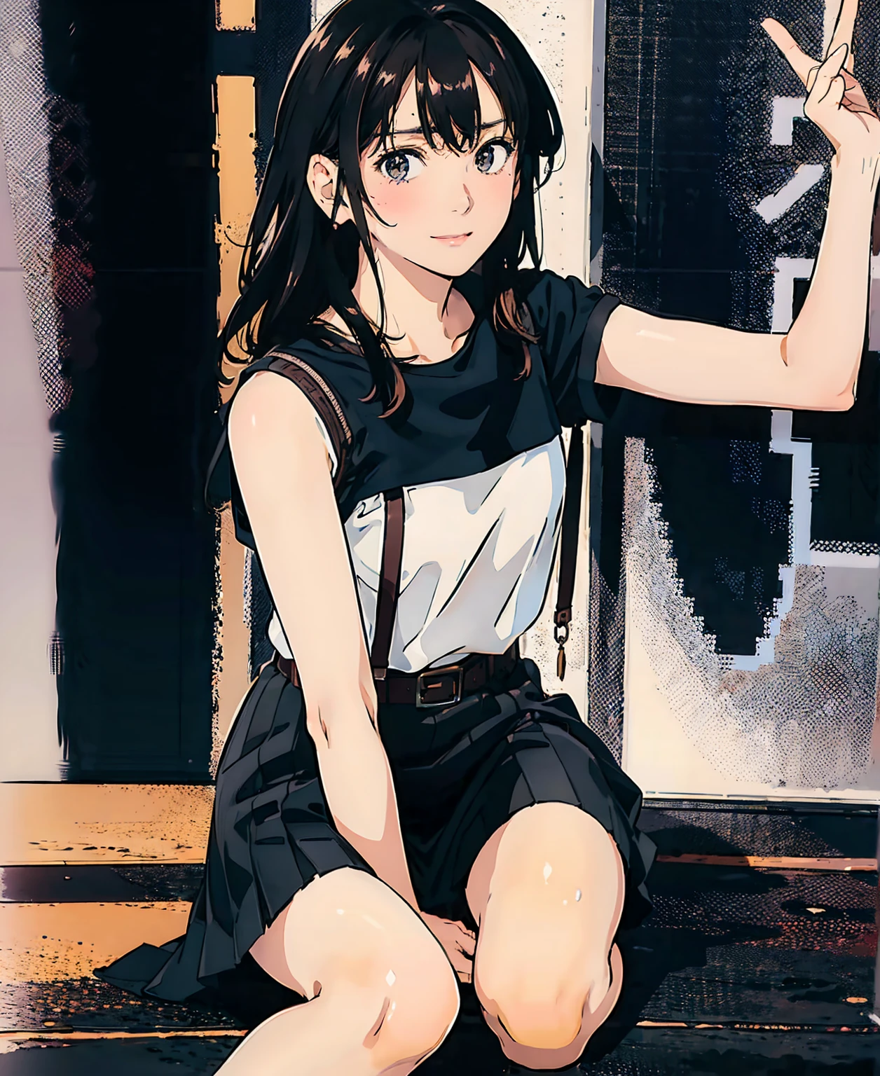 Black Skirt, 　suspenders, Brown hair Gray eyes, 脚にガーターbelt, Tight black clothes, 　　 belt　Armpit sweat　　Bright expression　Moderate bust　holster　Put your hands behind your back、Double Exposure 、（Kneeling pose），Expressing the city with multiple exposures,sit,