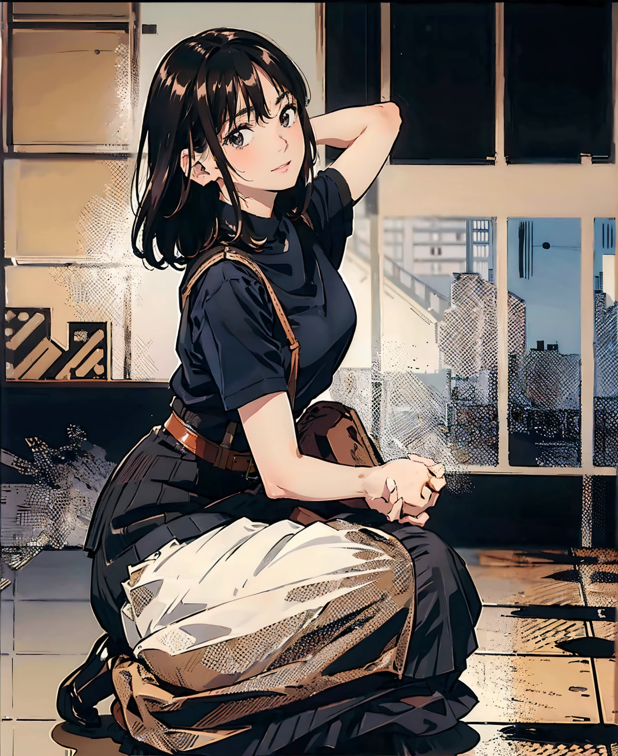 Black Skirt, suspenders, Brown hair Gray eyes, 脚にガーターbelt, Tight black clothes, belt Armpit sweat Bright expression Moderate bust holster Put your hands behind your back、Double Exposure 、(Kneeling pose),Expressing the city with multiple exposures,sit,