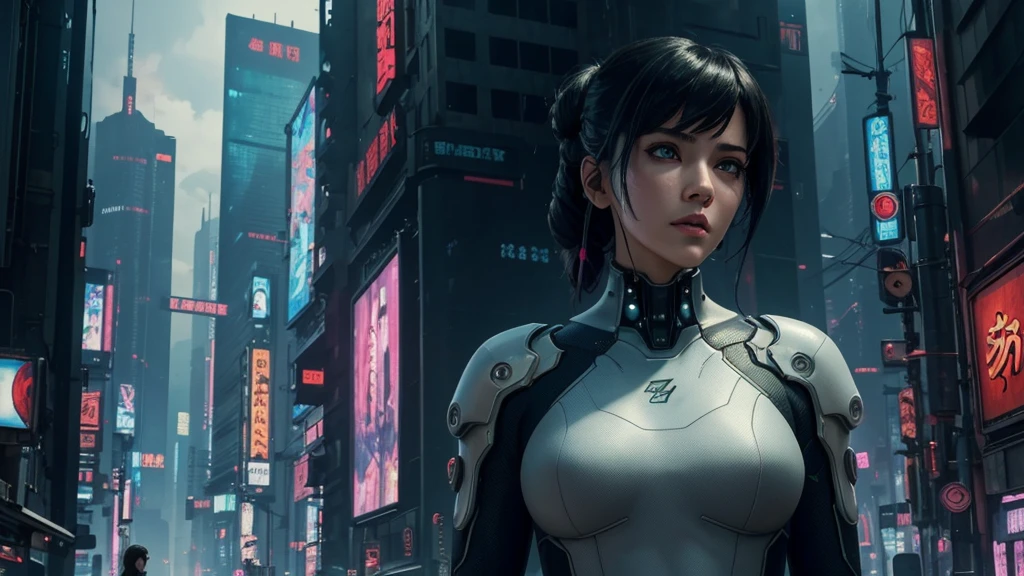(masterpiece), (best quality), (very detailed), ((1 woman)), (cyberpunk), future city background, ghost in the shell, detailed eyes, Detailed nose, Detailed lips, perfect face, perfect body, Side face and upper body expression, Place a small person on the left side of the picture, movie poster, landscape