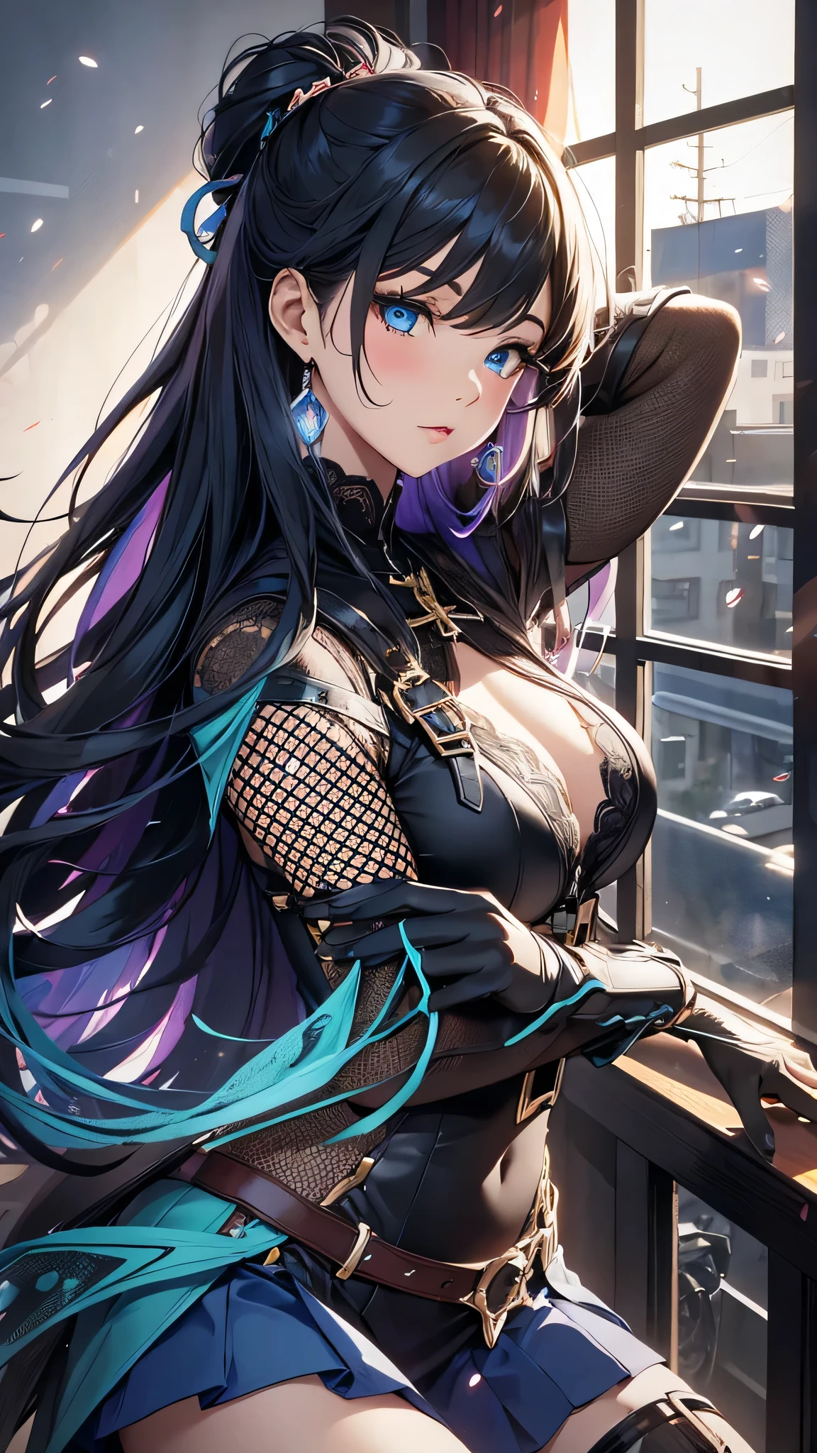 最high quality、Best image quality、masterpiece、With a girl((cute、20-year-old、Best Bust、Medium Bust、Bust 85,Beautiful Blue Eyes、Spread your chest wide,Long black hair、Slender、The best valley、Blue Y-shirt、White short skirt,Show the whole body、Black perforated gloves))high quality、Beautiful art、background((School、School zone、Strong winds)),Tabletop、Exquisite design、Visual Arts、Depth of written boundary、Best lighting、Highest detail、8k