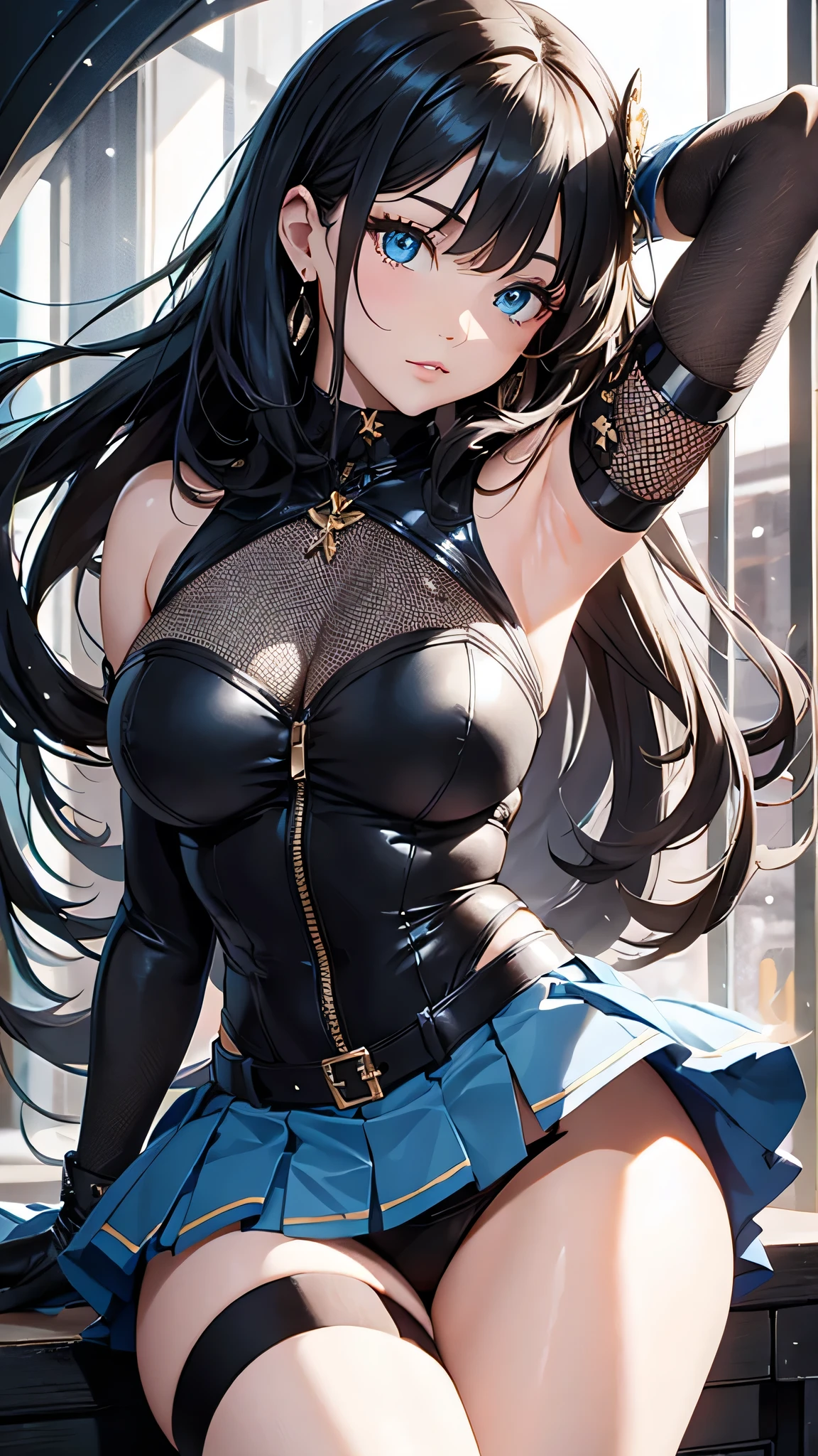 最high quality、Best image quality、masterpiece、With a girl((cute、20-year-old、Best Bust、Medium Bust、Bust 85,Beautiful Blue Eyes、Spread your chest wide,Long black hair、Slender、The best valley、Blue Y-shirt、White short skirt,Show the whole body、Black perforated gloves))high quality、Beautiful art、background((School、School zone、Strong winds)),Tabletop、Exquisite design、Visual Arts、Depth of written boundary、Best lighting、Highest detail、8k