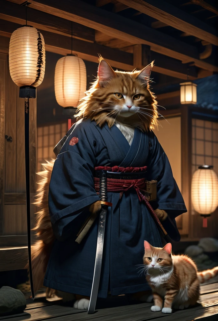 A Rogue samurai [Himura Kenshin:Takeru Satoh:0.1], detailed face, detailed hair, with a content face, sharpens his katana sword, beside him is big ginger mainecoon cat with beautiful fur, watch him with full caution, they both in a traditional Edo Era peasant house, insanely intricate detailed scene background, night lighting with lampions and torch, realistic style, best quality, masterpiece, ultrasharp focus, ultrahigh resolution, 8k, Midjourney 6 Aesthetic