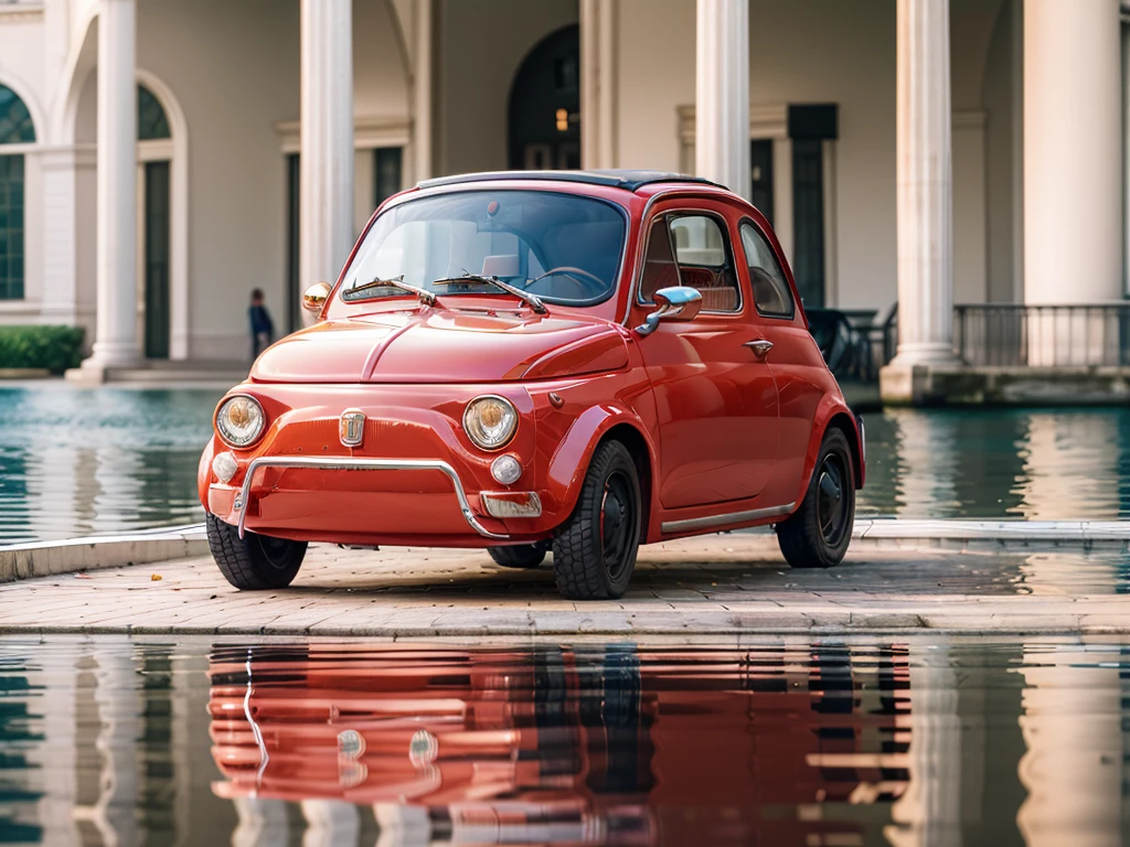 (FIAT500, classical old Italian Fiat 500 car), a small red car resting on a column at the center of a crystal clear lake in a city of the future.