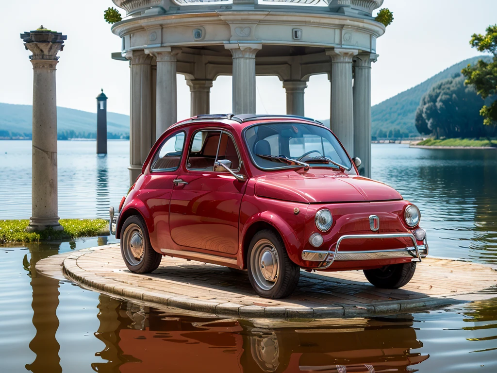 (FIAT500, classical old Italian Fiat 500 car), a small red car resting on a column at the center of a crystal clear lake in a city of the future.