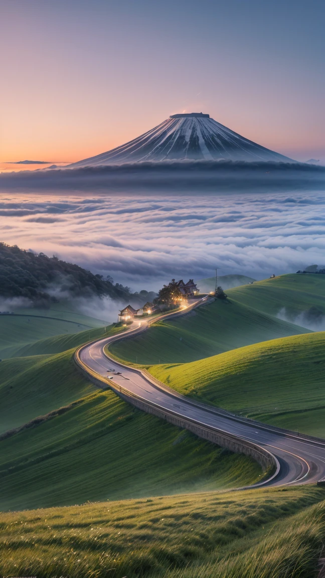 Highest quality, masterpiece, Ultra-high resolution, (realism: 1.4), dslr, Cinema Lighting, A few houses are scattered across the endless grassland.., I stood on the empty asphalt road and watched, Mt. Senjo is covered in mist, Flying Crane