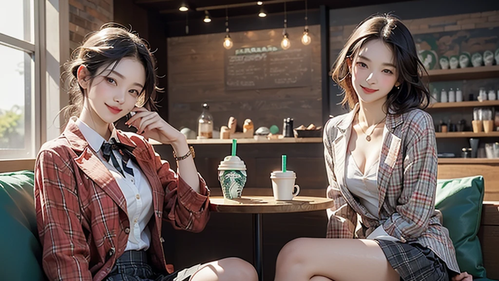 8K、RAW Photos、Highest quality、Super detailed、Super Resolution、Ultra HD、8K壁紙、Amazing details blazer uniform girl ((White blouse with formal collar, A nice red blazer, Black plaid skirt, Red checkered ribbon on blouse)), Complete limbs, Full Finger,
((((Inside the Starbucks store))))、16 year old female student、(((Eat cake、Drink coffee、smile)))、Heart Necklace、Gold bracelet
((Emphasize cleavage))
((((Woman sitting at the window seat))))