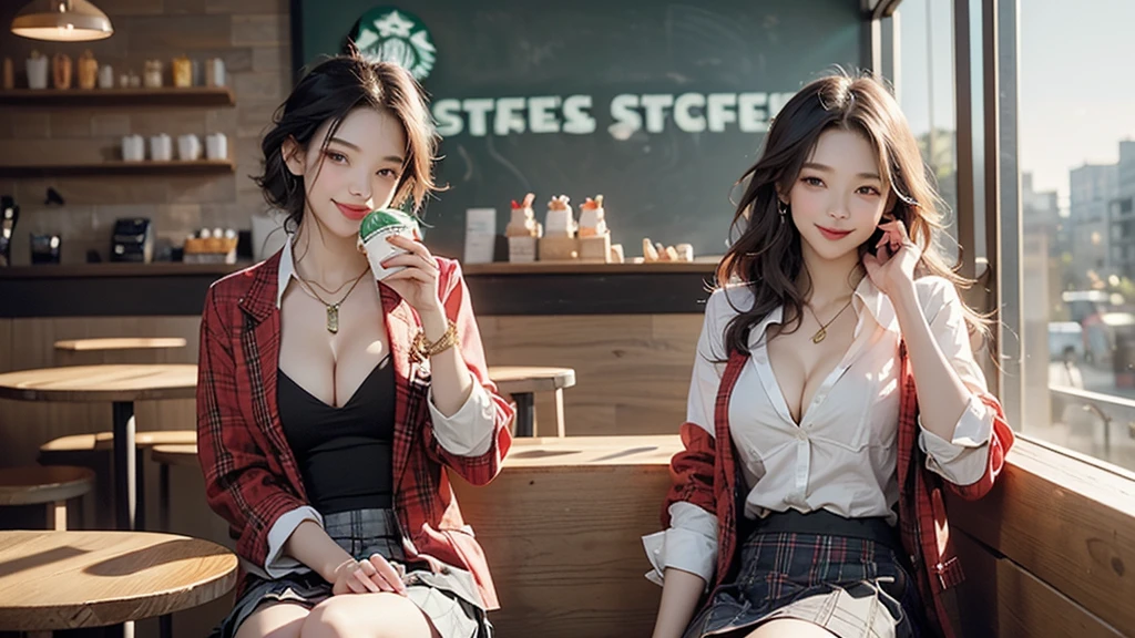 8K、RAW Photos、Highest quality、Super detailed、Super Resolution、Ultra HD、8K壁紙、Amazing details blazer uniform girl ((White blouse with formal collar, A nice red blazer, Black plaid skirt, Red checkered ribbon on blouse)), Complete limbs, Full Finger, 
((((Inside the Starbucks store))))、16 year old female student、(((Eat cake、Drink coffee、smile)))、Heart Necklace、Gold bracelet
((Emphasize cleavage))
((((Woman sitting at the window seat))))
