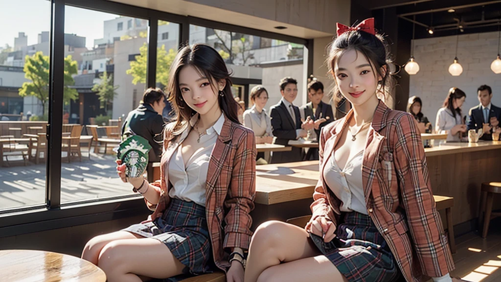 8K、RAW Photos、Highest quality、Super detailed、Super Resolution、Ultra HD、8K壁紙、Amazing details blazer uniform girl ((White blouse with formal collar, A nice red blazer, Black plaid skirt, Red checkered ribbon on blouse)), Complete limbs, Full Finger,
((((Inside the Starbucks store))))、16 year old female student、(((Eat cake、Drink coffee、smile)))、Heart Necklace、Gold bracelet
((Emphasize cleavage))
((((Woman sitting at the window seat))))