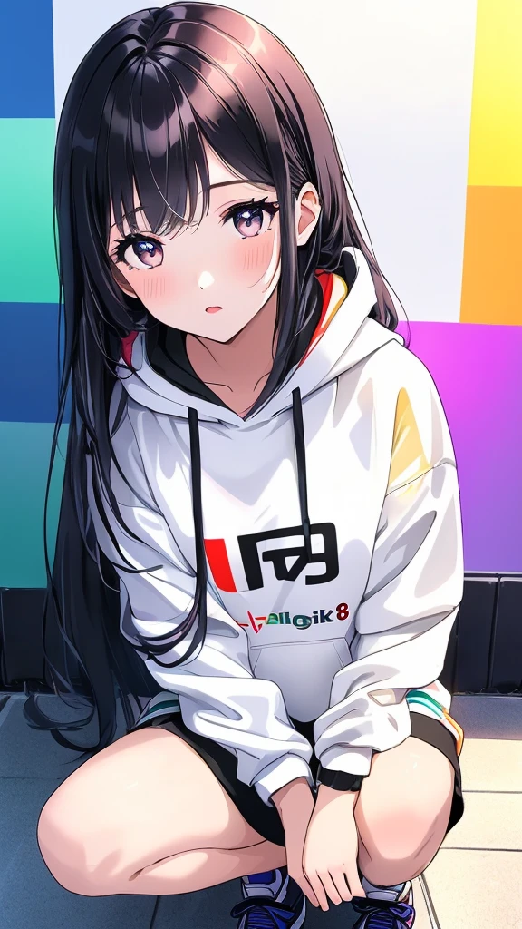(((Highly detailed CG unit 8K wallpaper:1.2, masterpiece, High resolution:1.2, Highest quality:1.2, Tabletop))), ((Very beautiful woman, Place your hands behind your back.:1.8, Grunge Fashion, Wearing a colorful hoodie, White leggings, Putting on your shoes)), ((Highly detailed face, Highly detailed black eyes, Highly detailed body, Highest qualityのリアルテクスチャスキン)), (Black-haired, Hair length, White skin, small), ((colorful geometric pattern wall, Colorful wall)), (High Angle:1.2), Surreal, Digital Painting,