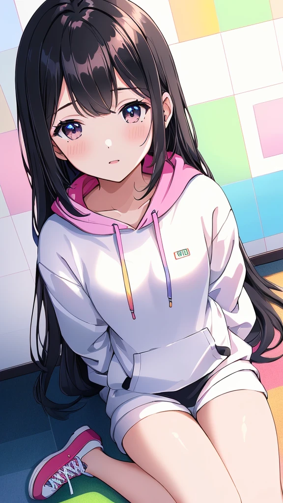 (((Highly detailed CG unit 8K wallpaper:1.2, masterpiece, High resolution:1.2, Highest quality:1.2, Tabletop))), ((Very beautiful woman, Place your hands behind your back.:1.8, Grunge Fashion, Wearing a colorful hoodie, White leggings, Putting on your shoes)), ((Highly detailed face, Highly detailed black eyes, Highly detailed body, Highest qualityのリアルテクスチャスキン)), (Black-haired, Hair length, White skin, small), ((colorful geometric pattern wall, Colorful wall)), (High Angle:1.2), Surreal, Digital Painting,