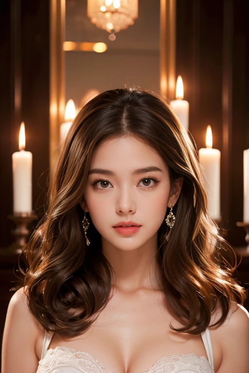 highest quality、4K、Beautiful lady、Perfect Face、Perfect Style、model、perfect body、Sunburn、beautiful lady、mature、long curly layer brown hair、Swept-back hair、full body, sexy 、charming、healthy、
at candle night、onepiece
