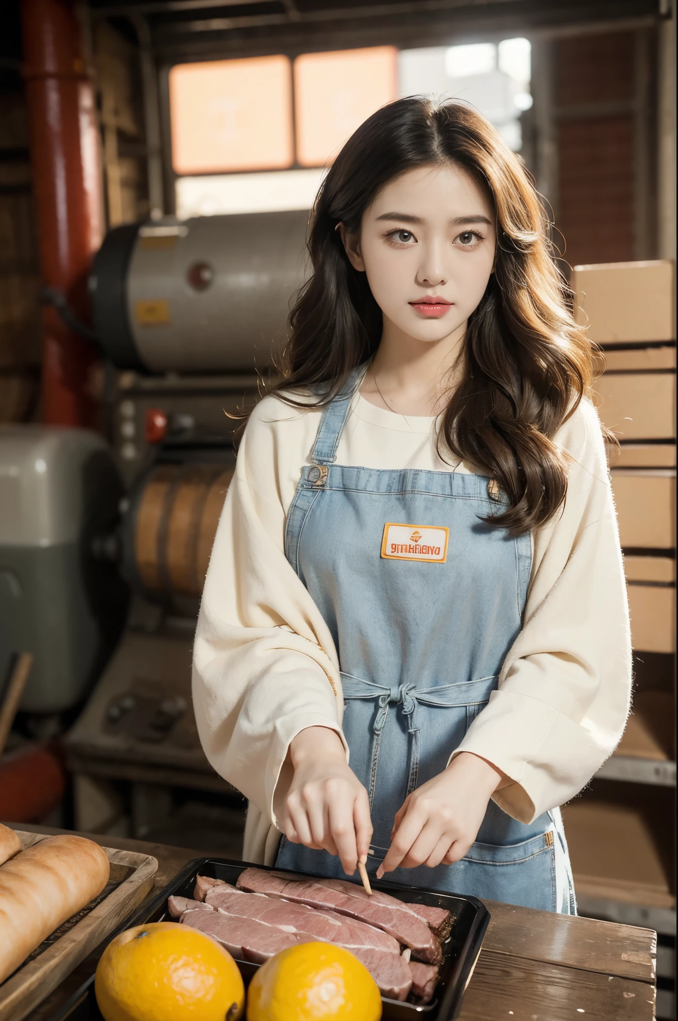 (((best quality))),(((ultra detailed))),(((masterpiece))),illustration,1 beautiful young girl,young,radiant complexion, stark industrial surroundings, neon lights,classic apron, vibrant colors, intricate patterns, practical design, pinned back hair, loose waves, bright eyes, curiosity, delight, out of place, rows of processed meat, sense of belonging, youthful innocence, captivating visual, metal robots, efficiently carrying out tasks, large screens, graphs, data, rich scent, roasting meat, sounds of machinery, laughter, organized chaos, unique scene, touch of humanity, cold atmosphere, deep in thought, reflecting, significance, role, unfamiliar, comfort, ease, challenge perceptions, beauty, belonging, moments of wonder, connection