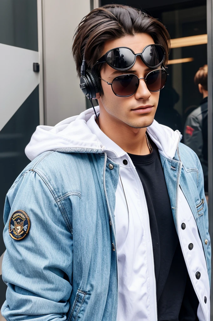 A pixar boy wearing expensive jacket and sunglasses which is attractive and beautiful and his hands are in jackets pocket also he is wearing a headphone on a neck which is in white color make sure character