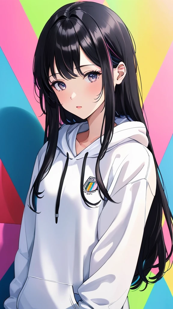 (((Highly detailed CG unit 8K wallpaper:1.2, masterpiece, High resolution:1.2, Highest quality:1.2, Tabletop))), ((Very beautiful woman, Place your hands behind your back.:1.8, Grunge Fashion, Wearing a colorful hoodie, White leggings, Putting on your shoes)), ((Highly detailed face, Highly detailed black eyes, Highly detailed body, Highest qualityのリアルテクスチャスキン)), (Black-haired, Hair length, White skin, small), ((colorful geometric pattern wall, Colorful wall)), (High Angle:1.2), Surreal, Digital Painting,