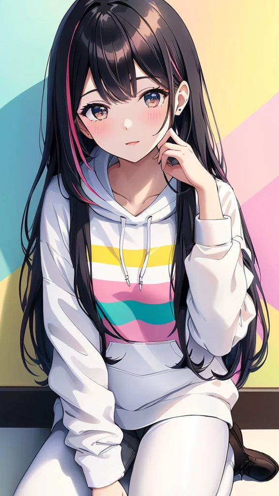 (((Highly detailed CG unit 8K wallpaper:1.2, masterpiece, High resolution:1.2, Highest quality:1.2, Tabletop))), ((Very beautiful woman, Place your hands behind your back.:1.8, Grunge Fashion, Wearing a colorful hoodie, White leggings, Putting on your shoes)), ((Highly detailed face, Highly detailed black eyes, Highly detailed body, Highest qualityのリアルテクスチャスキン)), (Black-haired, Hair length, White skin, small), ((colorful geometric pattern wall, Colorful wall)), (High Angle:1.2), Surreal, Digital Painting,
