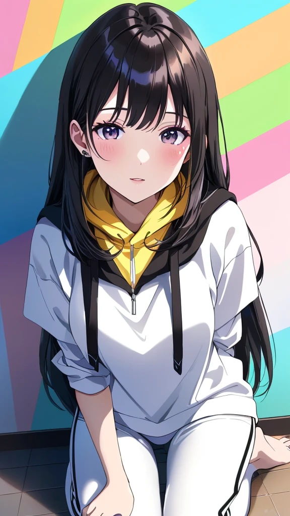 (((Highly detailed CG unit 8K wallpaper:1.2, masterpiece, High resolution:1.2, Highest quality:1.2, Tabletop))), ((Very beautiful woman, Place your hands behind your back.:1.8, Grunge Fashion, Wearing a colorful hoodie, White leggings, Putting on your shoes)), ((Highly detailed face, Highly detailed black eyes, Highly detailed body, Highest qualityのリアルテクスチャスキン)), (Black-haired, Hair length, White skin, small), ((colorful geometric pattern wall, Colorful wall)), (High Angle:1.2), Surreal, Digital Painting,
