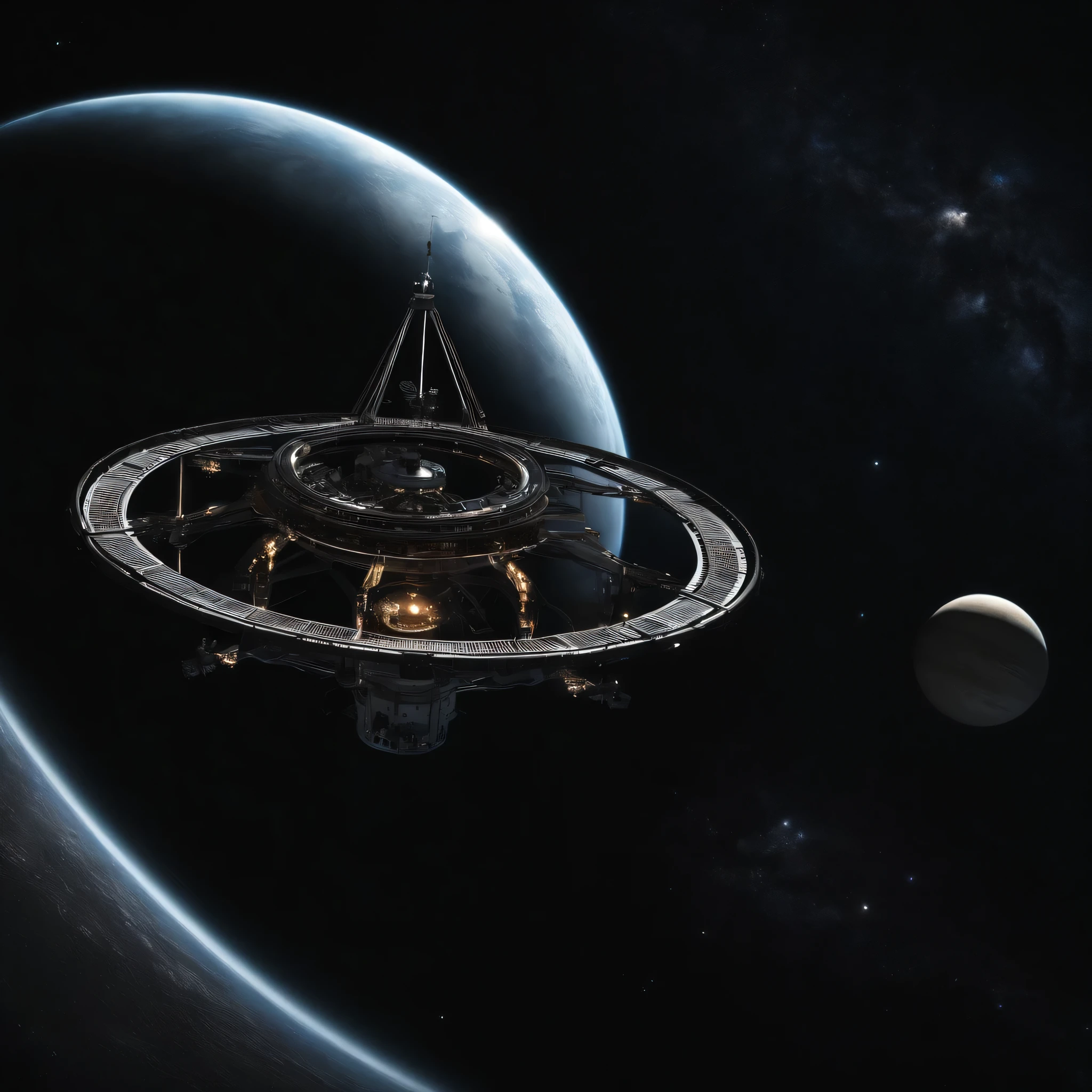 A hanging wall picture of a mechanized planet with stunning stars in the background. The whites against the black abyss of space the entire image in HD