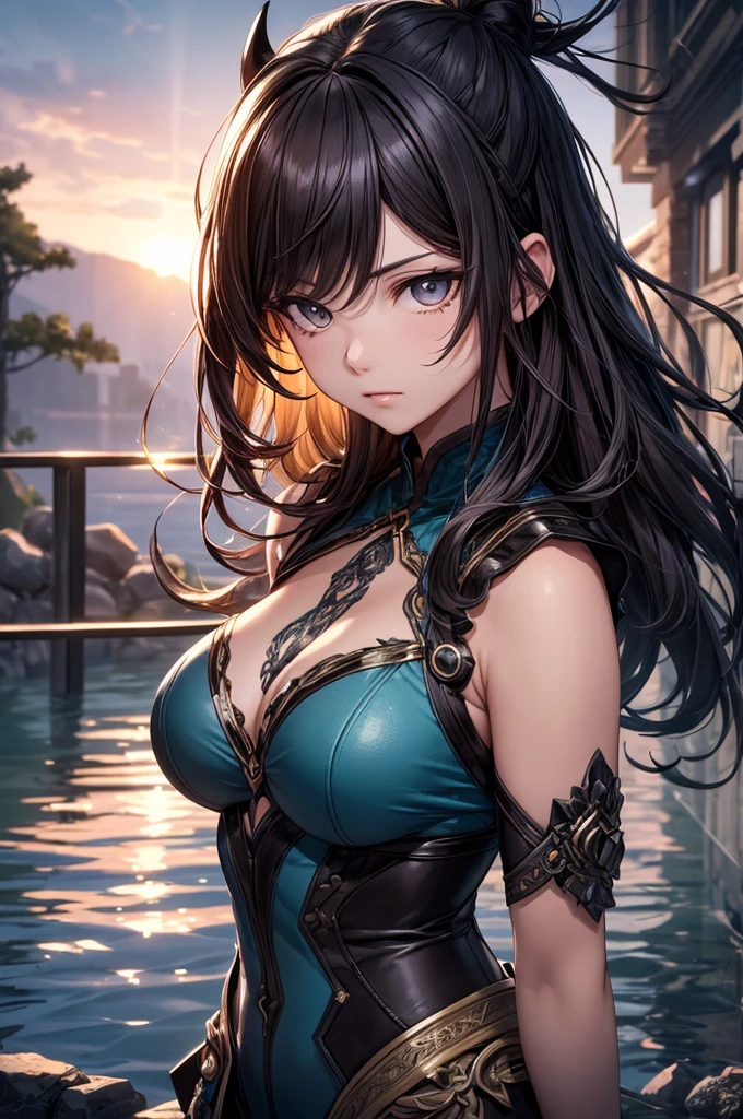 A highly detailed and high resolution masterpiece by Gyu Tomioka, Beautiful yet terrifying dynamic action from the Demon Slayer Corps. There was water in his voyirta, Highlights the intricate details of the water-themed outfit and the intense expression on her face. Set the scene at dusk, Calm lake and water in the background. Using rich colors and three-dimensional light、Expressing mysterious beauty and strength。.