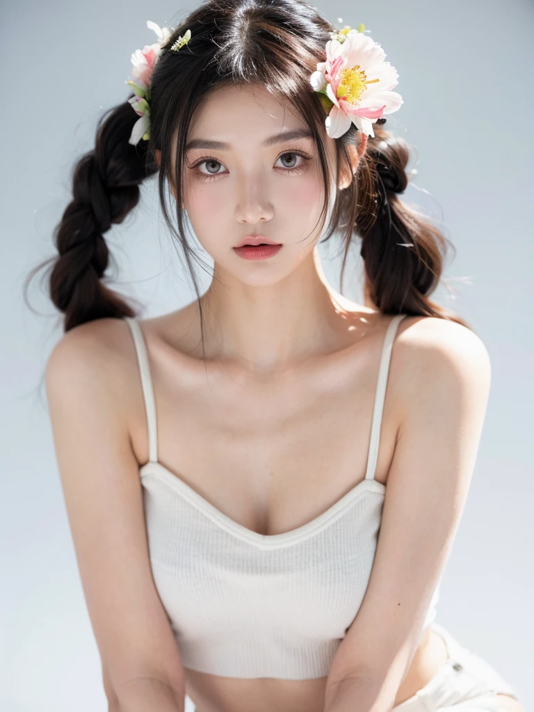 masterpiece,Best picture quality,Extreme details,Ultra-high resolution,Ultra-high definition,Beautiful young people,Glowing skin,thin,Black Hair,Half bun,1,big eyes,beautiful eyes,Lipstick,Exquisite facial features,Medium shot,Looking at the viewer, Tube Top Suspenders,Single tone background,White background,Soft light，Wear flowers on your head