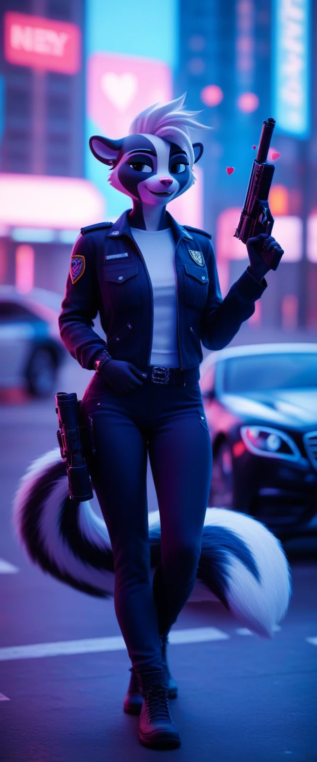 score_9, score_8_up, score_7_up, rating_safe,source_furry,anthro,source_cinematographic in 3D, A skunk cop is assembling a gun for the viewer And a New York background and his car back there too (<3)