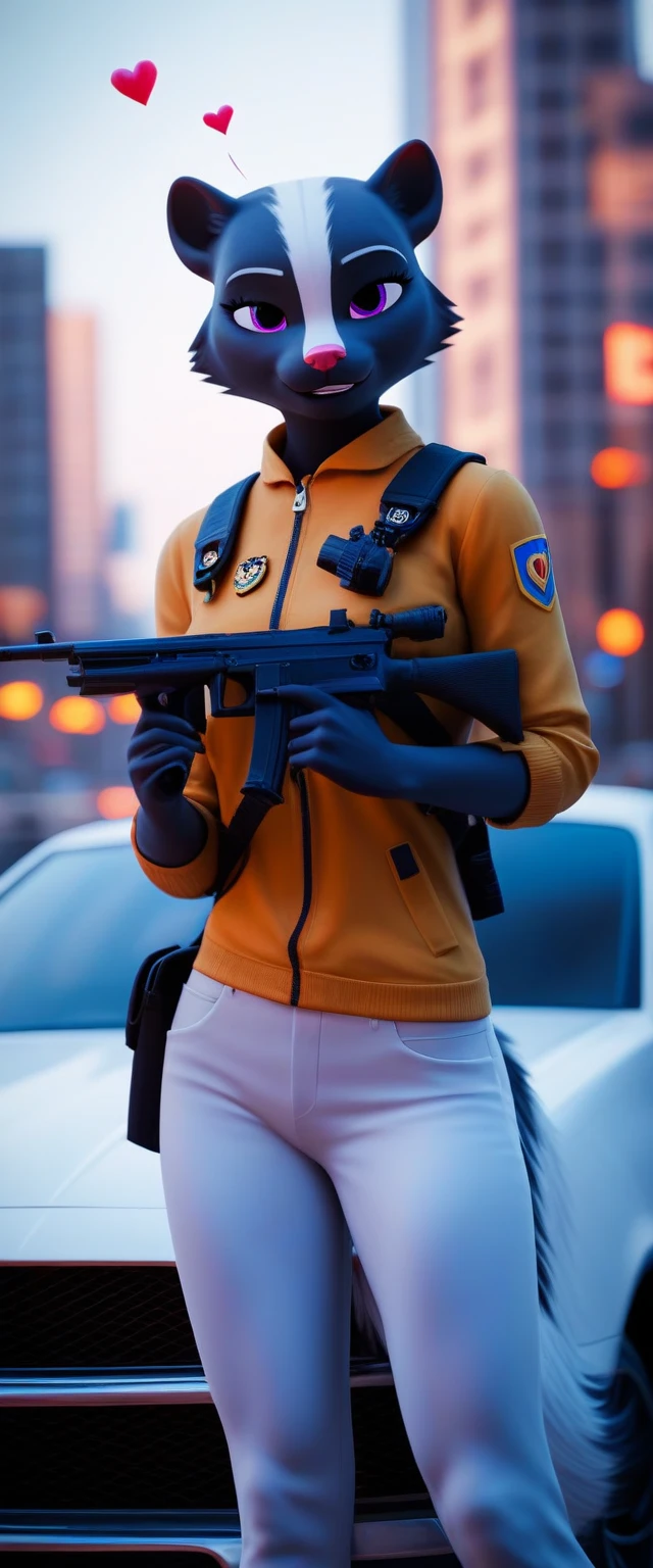 score_9, score_8_up, score_7_up, rating_safe,source_furry,anthro,source_cinematographic in 3D, A skunk cop is assembling a gun for the viewer And a New York background and his car back there too (<3)