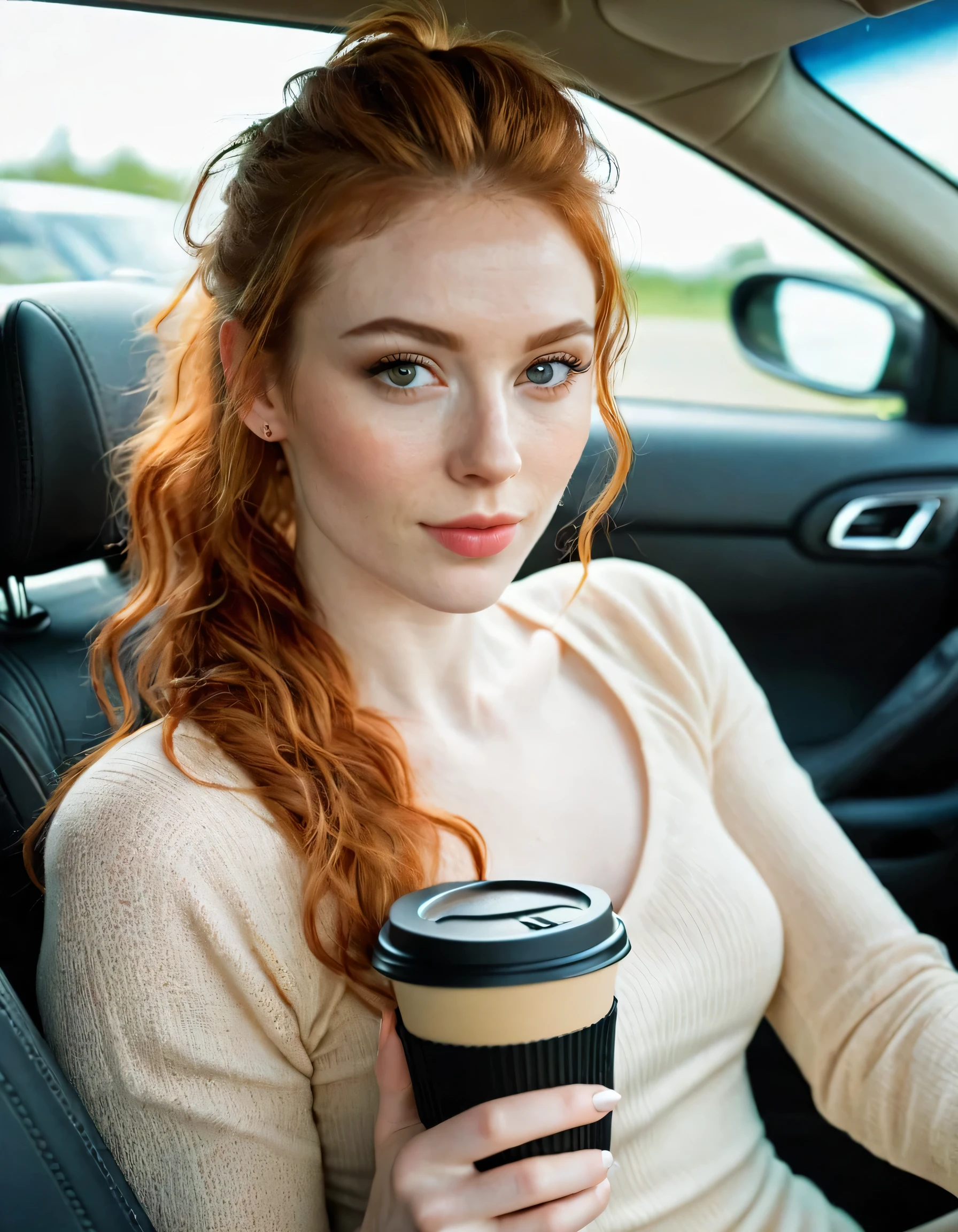 Photography full body portrait of a very beautiful realistic girl,sitting in the car, with a coffee in hand, porcelain skin, very light skin, very pale skin, redhead, wavy, pony tail, Detail of skin structure, hazel eyes, Slit eyes, small-nose, small nostril, think of arched eyebrows, thick lower lip, seductive glance, happy face, unique face, Wear a casual dress, detailed photo, foto realista, Masterpiece Image, sharp image, clear daylight outside