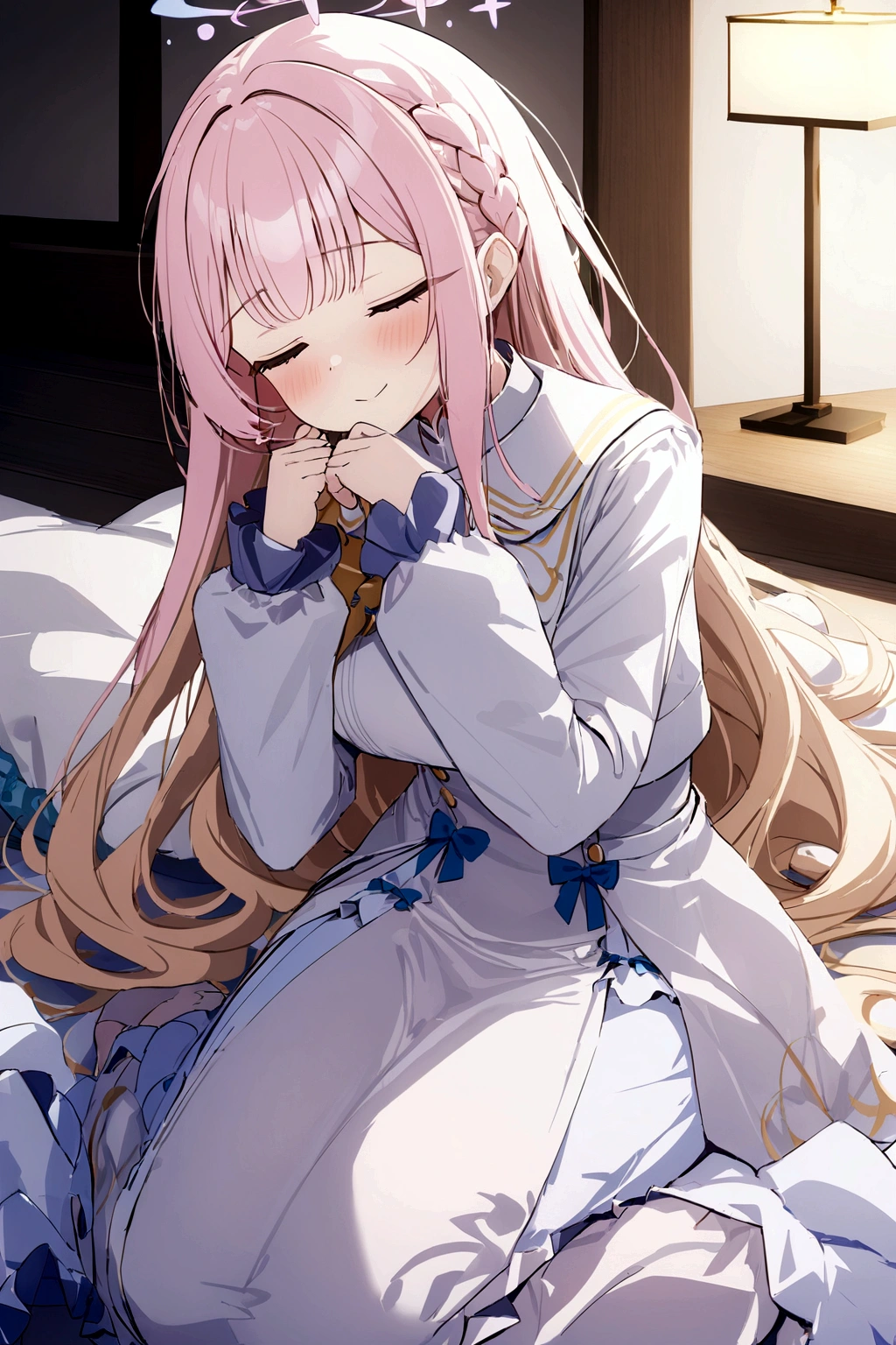 Mika(Blue Archive),sauce_anime,最high quality, 最high quality, masterpiece, detailed outfit, Super detailed, ultra detailed, Highly detailed, Cinema Lighting, Perfect Anatomy, CG:1.9, ultra detailed:1.9, ultra-detailed:1.9, High resolutionolution:1.9, High resolution:1.9, Absurd:1.9, masterpiece:2, high quality:2, 最high quality:2,futon,indoor,wariza/W sitting,seiza,Warm lighting,Sleepily,close your eyes,聖園Mika,pink hair,Hands up,Lower Body