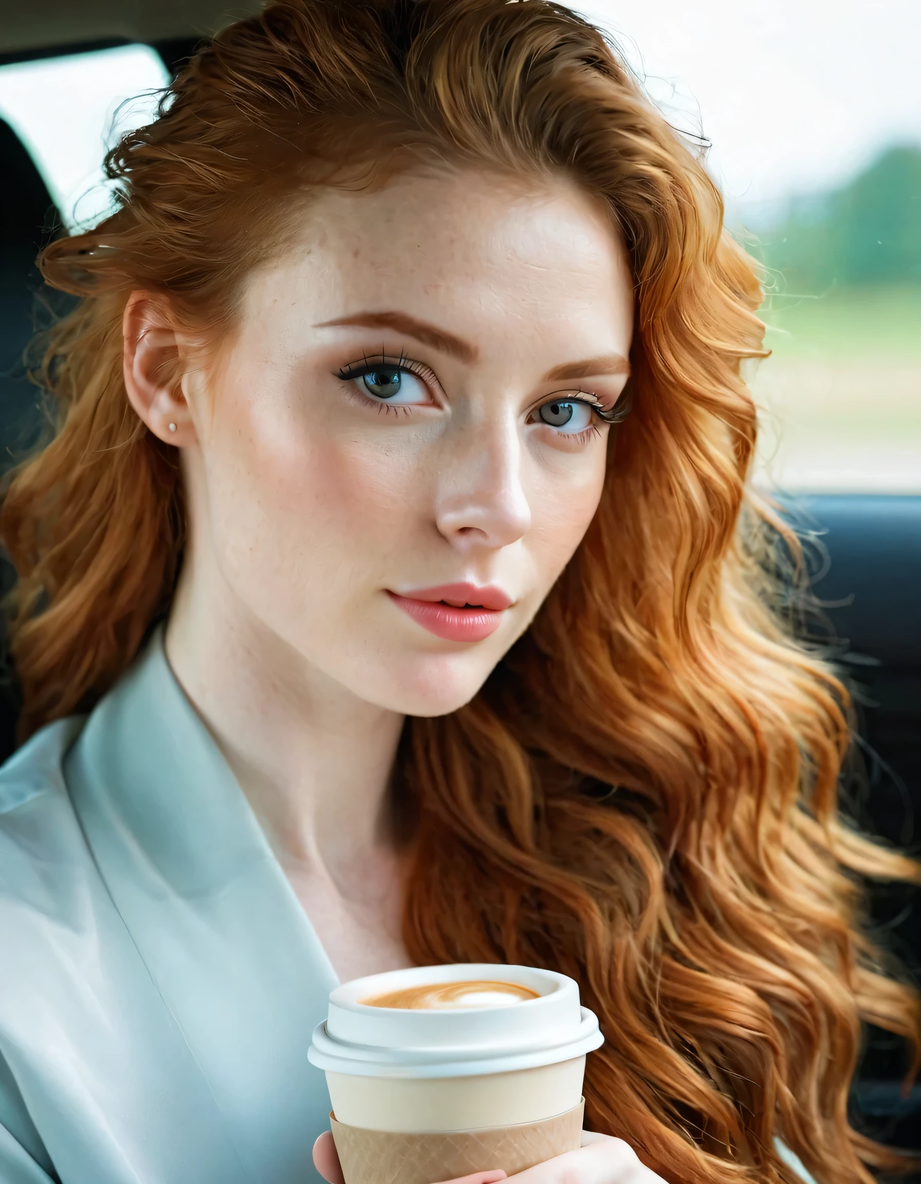 Photography full body portrait of a very beautiful realistic girl,sitting in the car, with a coffee in hand, porcelain skin, very light skin, very pale skin, redhead, wavy, pony tail, Detail of skin structure, hazel eyes, Slit eyes, small-nose, small nostril, think of arched eyebrows, thick lower lip, seductive glance, happy face, unique face, Wear a casual dress, detailed photo, foto realista, Masterpiece Image, sharp image, clear daylight outside