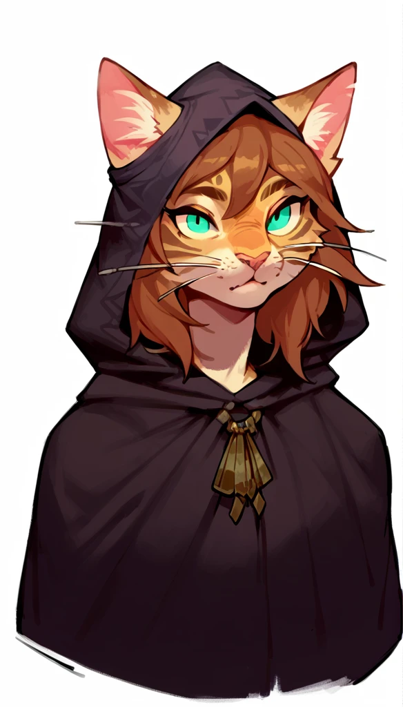 score_9, score_8_up, score_7_up, (thick lines:1.25), (clear simple background, white background, papyrus background),
((catgirl), anthro, solo, female, (closeup portrait, focus on face), (mage, sorcerer), ((wearing dark robe, down hood)), (cat fur)), beautiful