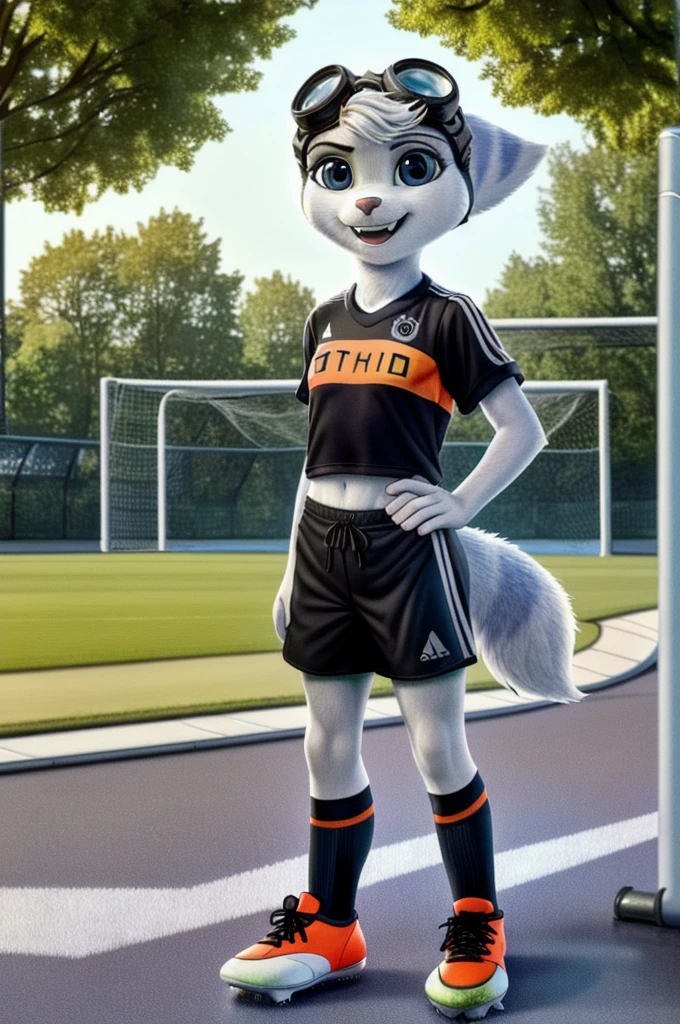 Rivet, tail, furry girl, 1girl, solo, young, ((Germany soccer shorts)), ((Germany soccer shirt)), ((Germany soccer shoes)), standing inside city park, detailed body fur, detailed body, detailed eyes, detailed face, athletic, skinny, high quality, masterpiece, small breasts, goggles, :D, looking at you, full body,