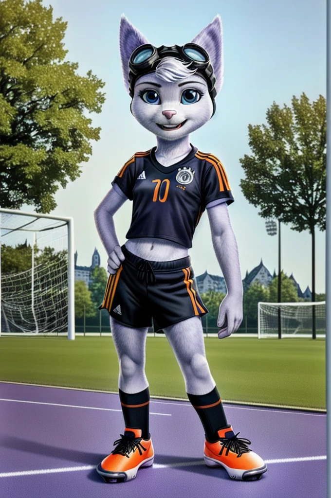 Rivet, tail, furry girl, 1girl, solo, young, ((Germany soccer shorts)), ((Germany soccer shirt)), ((Germany soccer shoes)), standing inside city park, detailed body fur, detailed body, detailed eyes, detailed face, athletic, skinny, high quality, masterpiece, small breasts, goggles, :D, looking at you, full body,