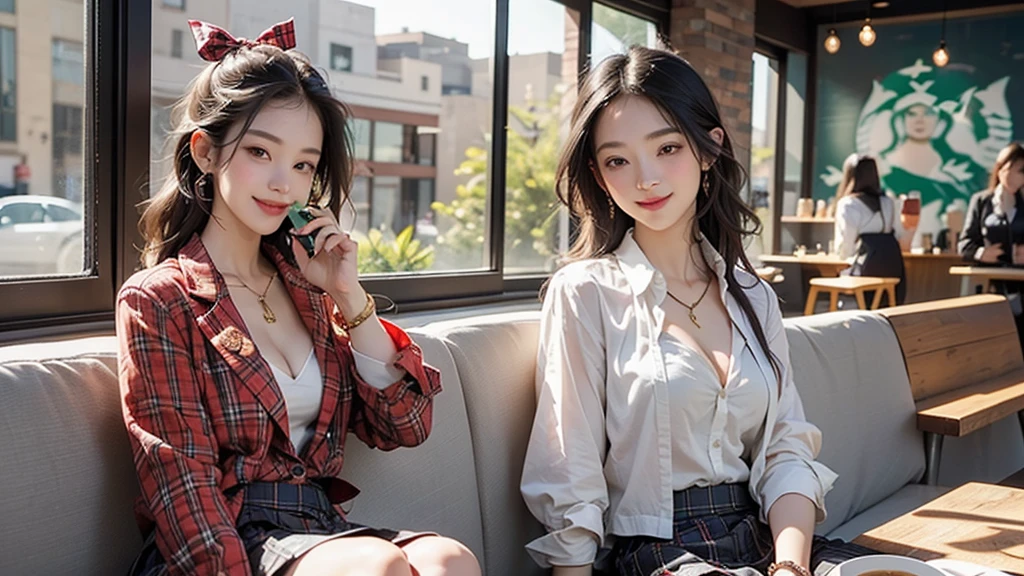 8K、RAW Photos、Highest quality、Super detailed、Super Resolution、Ultra HD、8K壁紙、Amazing details blazer uniform girl ((White blouse with formal collar, A nice red blazer, Black plaid skirt, Red checkered ribbon on blouse)), Complete limbs, Full Finger, 
((((Inside the Starbucks store))))、16 year old female student、(((Eat cake、Drink coffee、smile)))、Heart Necklace、Gold bracelet
((Emphasize cleavage))
((((Woman sitting at the window seat))))
