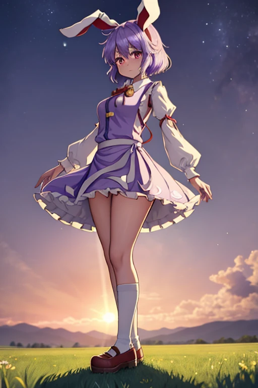 1girl (distant), Touhou, Reisen Inaba, short hair, light purple hair clolor, red eyes color, rural city background, standing, (wide shot, wider shot), full body, distant shot, sun light
