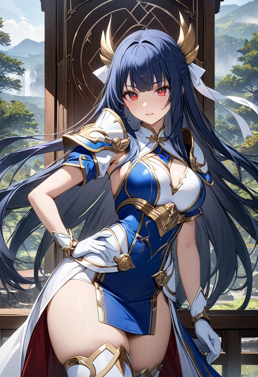Highest quality、unity 8k wallpaper、32k、masterpiece、Very detailed、Ultra-high resolution、Very detailedな顔, RAW Photos, Professional, Ultra-fine painting, Blue long straight hair、Red Eyes、(Tree Eyes), Cool and sharp features, Hime cut, 20~A female magical warrior, about 24 years old.、Blue and white leotard、Blue and white gold-embellished pencil skirt with side armor and long slits、Half puff sleeves with shoulder pads、A large white ribbon with a large sapphire on the chest、White and blue long gloves、White and blue thigh-high stiletto boots、whole body