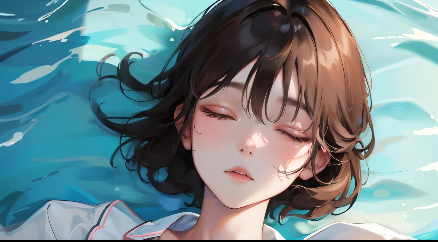 ((Woman diving in the sea)))、((Deep sea background)),(((View from above)))、((1 person)),Masterpiece,best quality, ((Close ~ eyes))), ,((pajamas))、((Dark screen))、determined expression, Full body diagram、 (Highest Resolution、Clear_image)、Best Quality、Light and shadow contrast、((illumination))、Very detailed、Semi-realistic、Short hair hairstyle、Brown Hair、bangs、19 years old、　Lady,,young、())、Delicate Facial Features