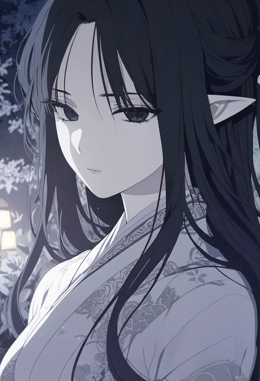 1 gloomy adult woman, cold darkness, elven, black hair, bang cover face hairstyle, black eyes, night garden, elegant, traditional thai costume,