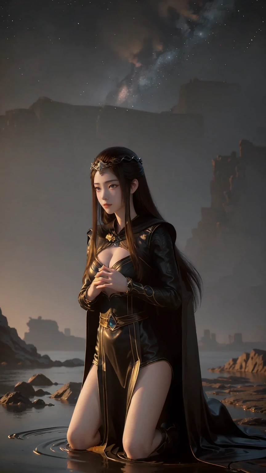 image arafée d'une femme vêtue d'une robe noire debout devant un château, style de révolution de lignée 2, je vais, longs cheveux éthérés brillants, Une belle impératrice fantastique, pose de lancement de sorts, inspired by Luo Mu, inspired by Lü Ji, Inspiré par Huang Ji, inspired by Sim Sa-jeong, from lineage 2, blade and soul