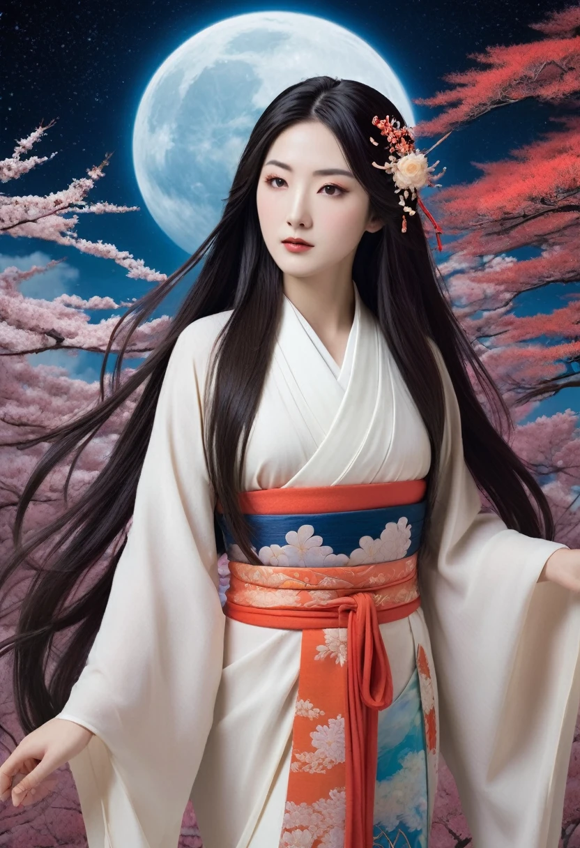 A realistic depiction of the beautiful and enchanting goddess Amaterasu Omikami. She is portrayed as a stunningly attractive woman with long, flowing hair, dressed in traditional yet ethereal Japanese robes. Her serene and wise expression exudes divine grace. The background is otherworldly, with vibrant, swirling colors and celestial elements that create a sense of being in another dimension