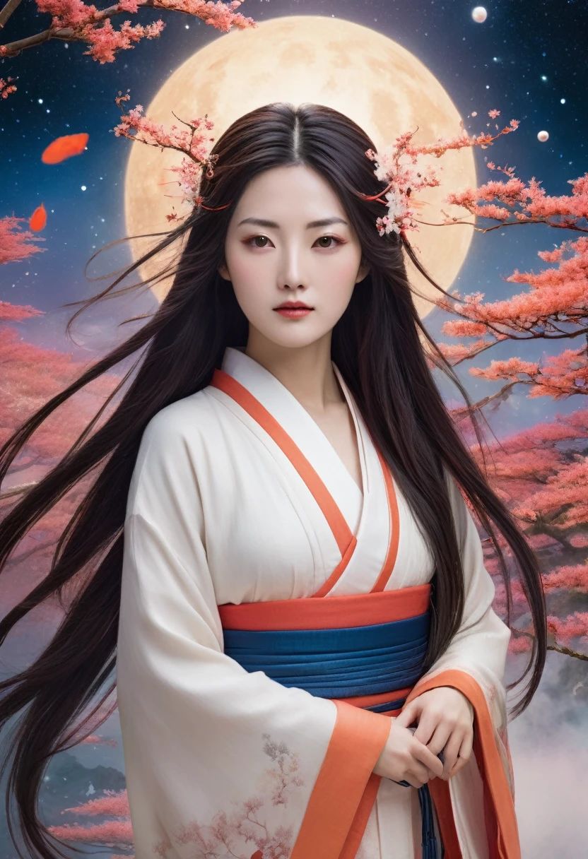 A realistic depiction of the beautiful and enchanting goddess Amaterasu Omikami. She is portrayed as a stunningly attractive woman with long, flowing hair, dressed in traditional yet ethereal Japanese robes. Her serene and wise expression exudes divine grace. The background is otherworldly, with vibrant, swirling colors and celestial elements that create a sense of being in another dimension
