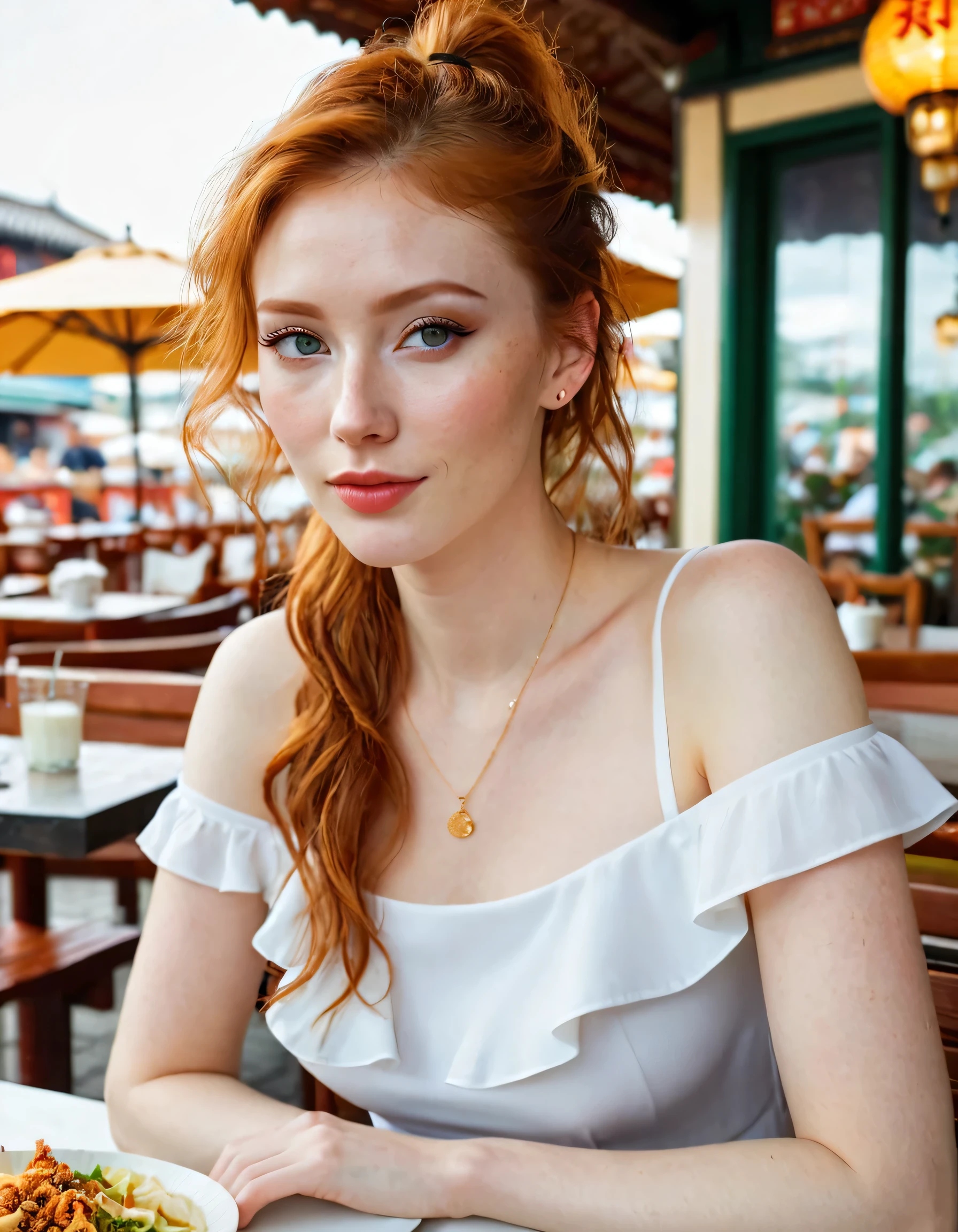 Photography full body portrait of a very beautiful realistic girl, sitting in the outdoor restaurant, eat chinese food, porcelain skin, very light skin, very pale skin, redhead, wavy, pony tail, Detail of skin structure, hazel eyes, Slit eyes, small-nose, small nostril, think of arched eyebrows, thick lower lip, seductive glance, happy face, unique face, Wear a casual dress, detailed photo, foto realista, Masterpiece Image, sharp image, clear daylight outside