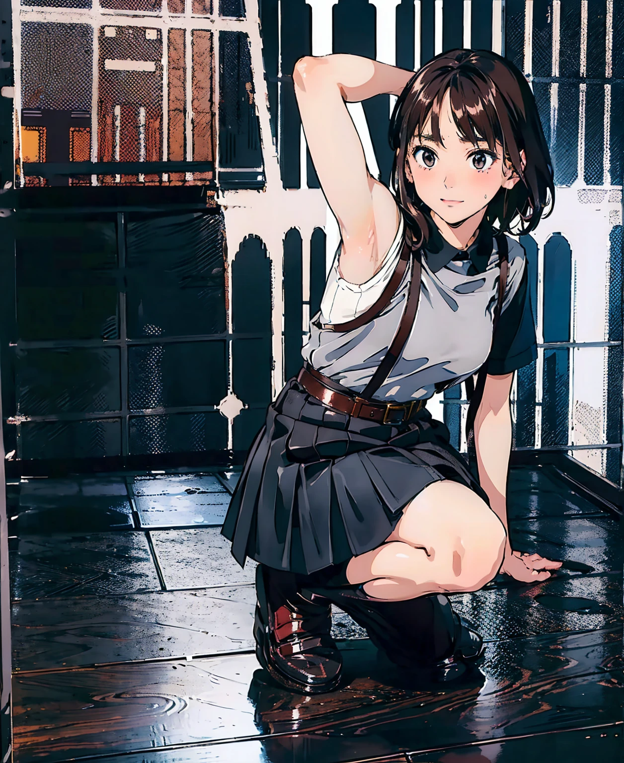 Black Skirt, 　suspenders, Brown hair Gray eyes, 脚にガーターbelt, Tight black clothes, 　　 belt　Armpit sweat　　Bright expression　Moderate bust　holster　Put your hands behind your back、Double Exposure 、（Kneeling pose），Expressing the city with multiple exposures,sit