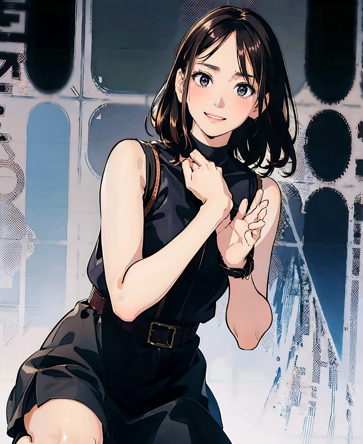 Black Skirt, 　suspenders, Brown hair Gray eyes, 脚にガーターbelt, Tight black clothes, 　　 belt　Armpit sweat　　Bright expression　Moderate bust　holster　Put your hands behind your back、Double Exposure 、（Kneeling pose），Expressing the city with multiple exposures,sit