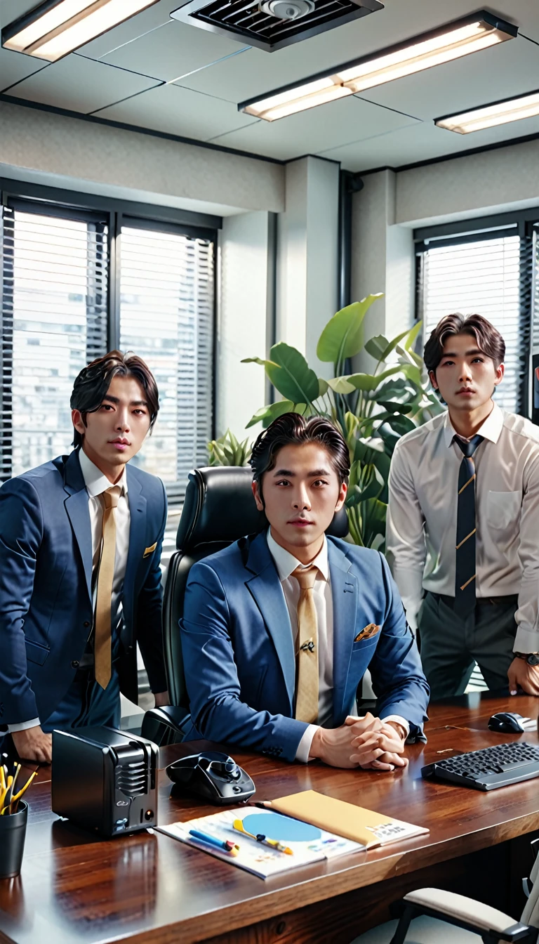 Ultra-high-resolution 8K portrait of a realistic J-POP styled office scene, with a group of beautiful and handsome individuals divided around a desk over the air conditioning temperature setting, extremely detailed, cinematic composition, trending on ArtStation
