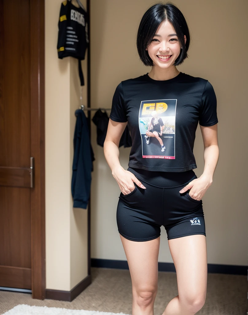 Black hair, short, healthy, energetic, smiling, sweat, tight T-shirt, short pants, whole body 