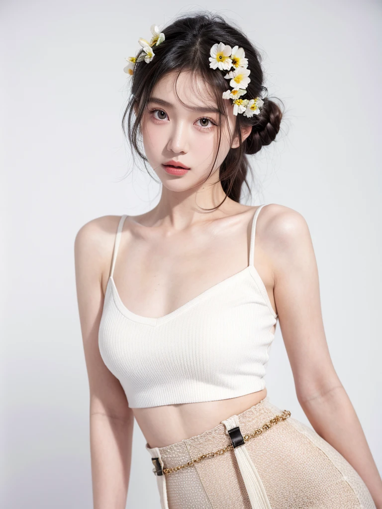 masterpiece,Best picture quality,Extreme details,Ultra-high resolution,Ultra-high definition,Beautiful young people,Glowing skin,thin,Black Hair,Half bun,1,big eyes,beautiful eyes,Lipstick,Exquisite facial features,Medium shot,Looking at the viewer, Tube Top Suspenders,Single tone background,White background,Soft light，Wear flowers on your head