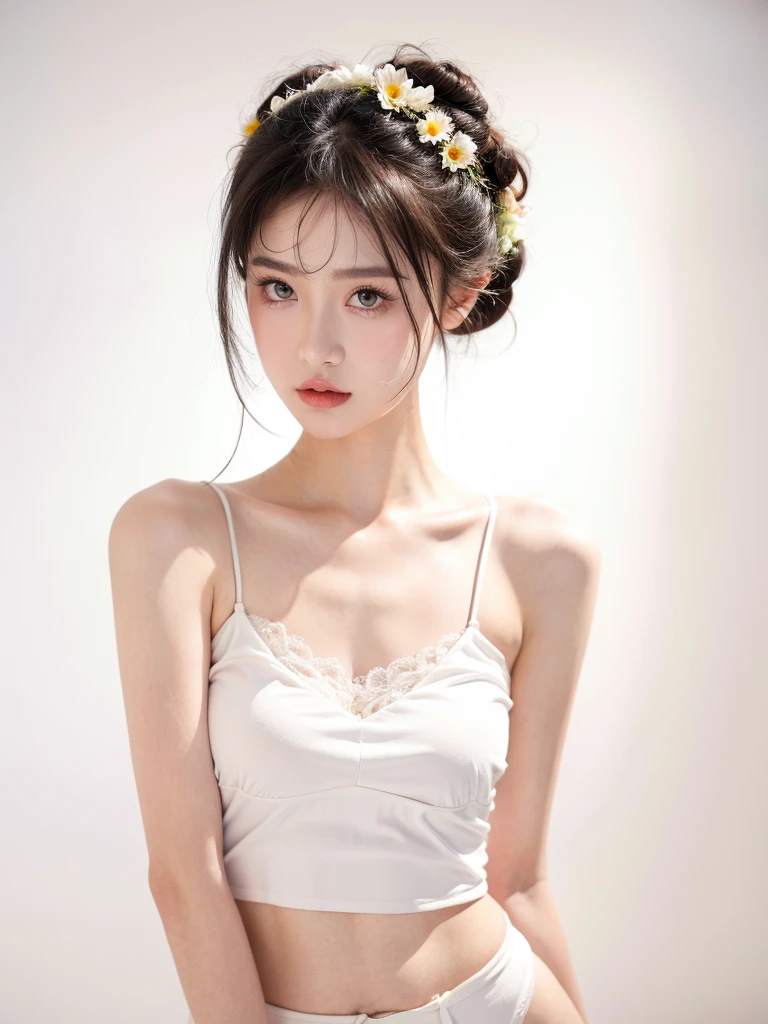 masterpiece,Best picture quality,Extreme details,Ultra-high resolution,Ultra-high definition,Beautiful young people,Glowing skin,thin,Black Hair,Half bun,1,big eyes,beautiful eyes,Lipstick,Exquisite facial features,Medium shot,Looking at the viewer, Tube Top Suspenders,Single tone background,White background,Soft light，Wear flowers on your head