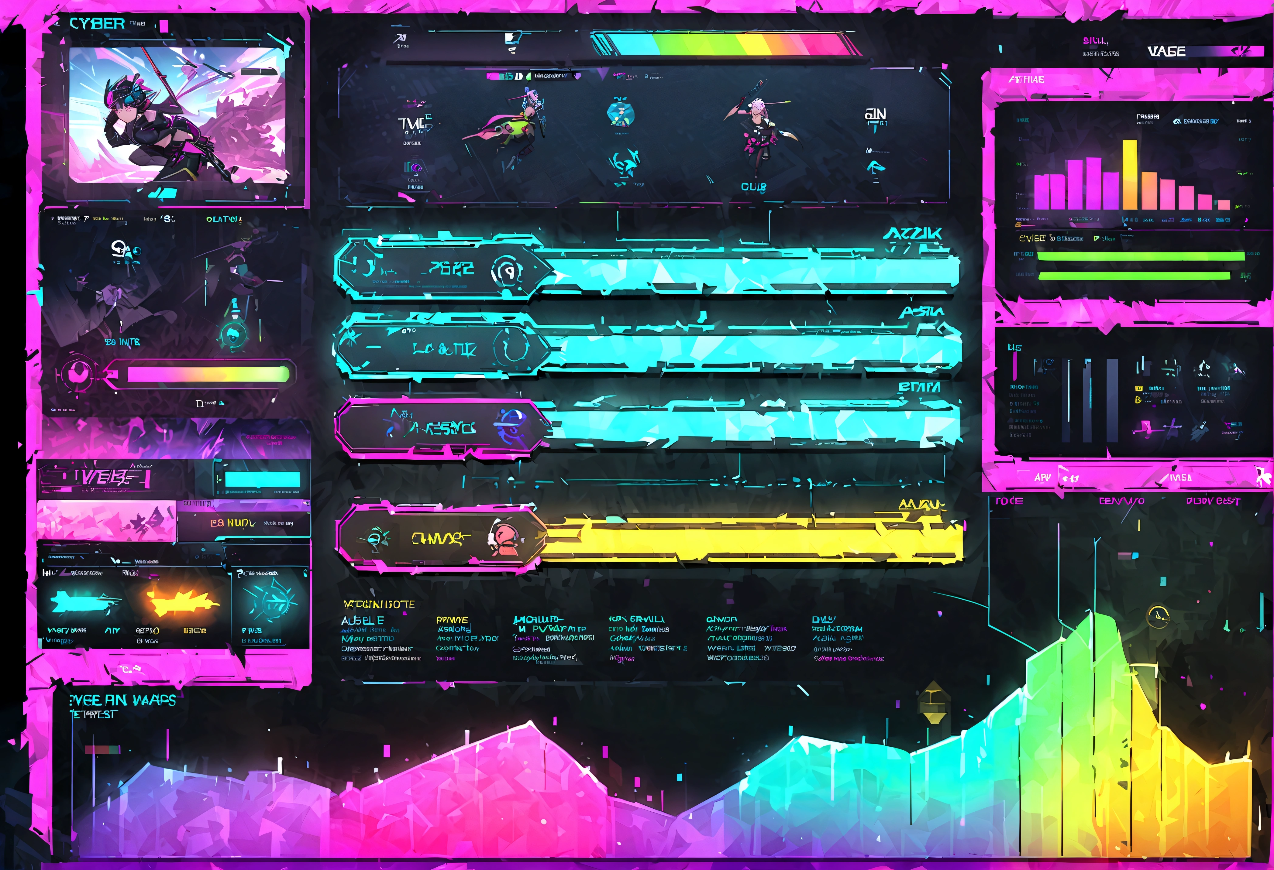 Highest quality、Detailed Images、Virtual world、cyber punk、VRMMO、RPG、Fantasy World、「Status bar、Physical Strength、magic、Offensive power、Defense、魔法Offensive power、魔法Defense、Agility、Intelligence、Lucky」Colorful parameters are displayed、Mr.々Profession、